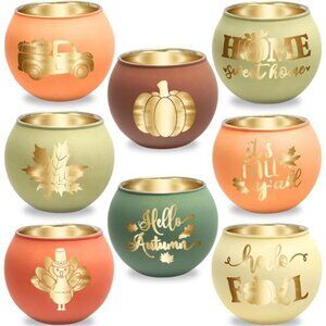Set of 8 Fall Votive Candle Holder,Glass Tealight Holders with 6 Engraving